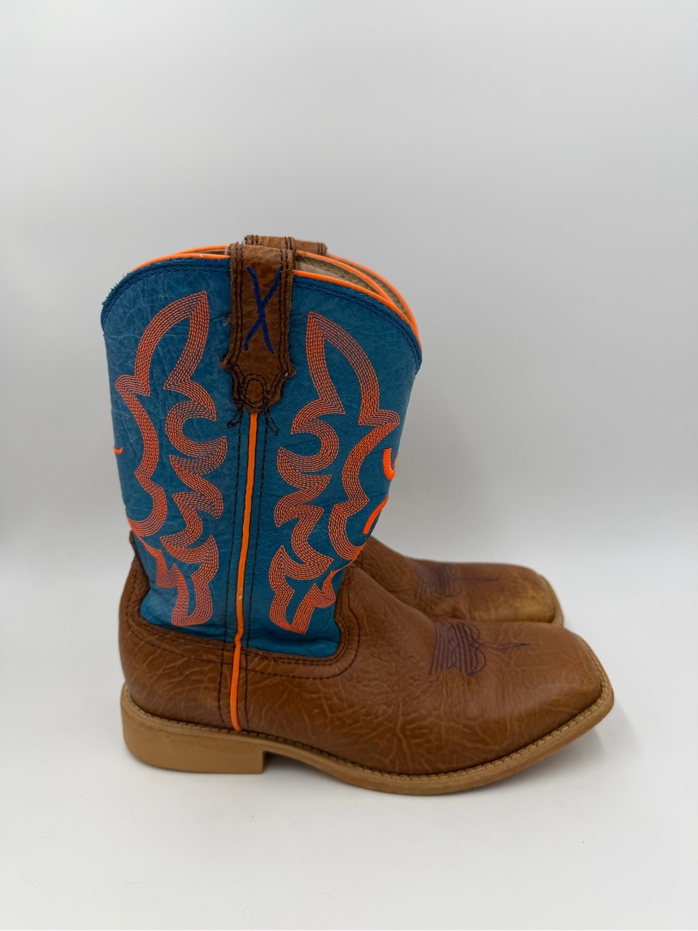 Twisted X Cowboy Boots Brown Blue Orange Square Toe Western YHY0001 Youth 3.5 M